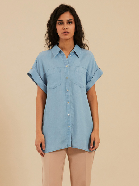 Джинсовая блузка с коротким рукавом - фото 1
