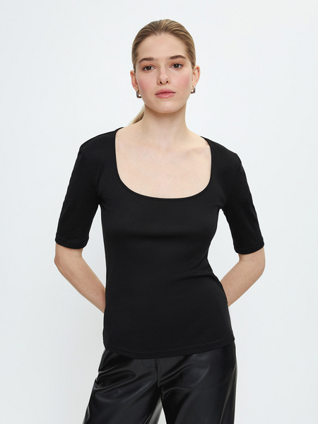 Блузка с вырезом Zarina 3224555490-50, размер S (RU 44), цвет черный Zarina Блузка с вырезом, 3224555490 - фото 1