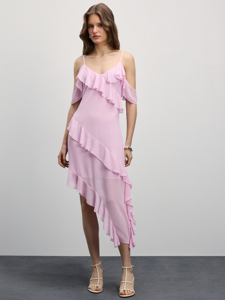 Шифоновое платье с воланами Zarina 4225070570-90, размер S (RU 44), цвет розовый
