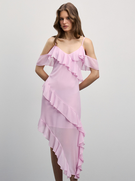 Шифоновое платье с воланами Zarina 4225070570-90, размер S (RU 44), цвет розовый Шифоновое платье с воланами, 4225070570 - фото 2