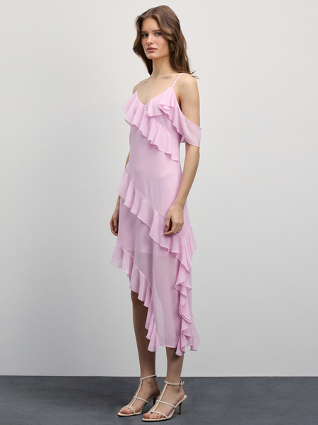 Шифоновое платье с воланами Zarina 4225070570-90, размер S (RU 44), цвет розовый Шифоновое платье с воланами, 4225070570 - фото 3