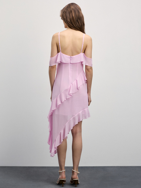 Шифоновое платье с воланами Zarina 4225070570-90, размер S (RU 44), цвет розовый Шифоновое платье с воланами, 4225070570 - фото 4