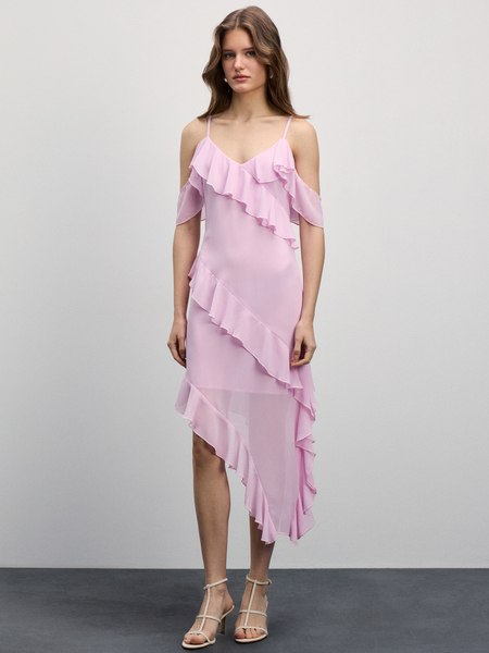 Шифоновое платье с воланами Zarina 4225070570-90, размер S (RU 44), цвет розовый Шифоновое платье с воланами, 4225070570 - фото 5