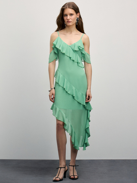 Шифоновое платье с воланами Zarina 4225070571-153, размер L (RU 48), цвет нефритовый Шифоновое платье с воланами, 4225070571 - фото 2