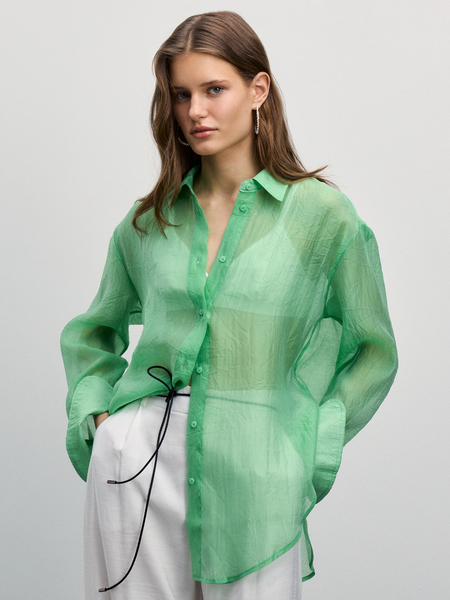 Прозрачная блузка с длинным рукавом Zarina 4225140381-11, размер XS (RU 42), цвет светло-зеленый Прозрачная блузка с длинным рукавом, 4225140381 - фото 1