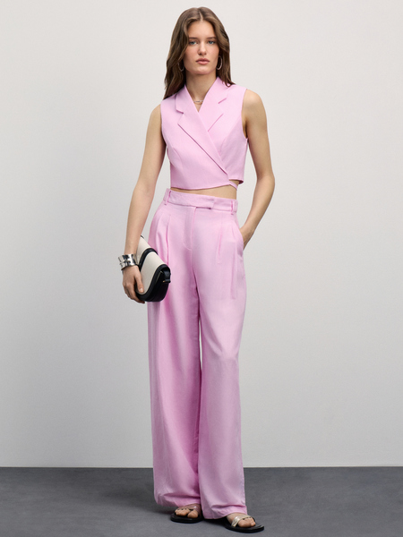Прямые брюки со складками из вискозы и льна Zarina 4225310798-97, размер L (RU 48), цвет светло-розовый