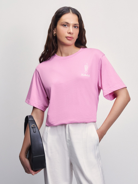 Хлопковая футболка оверсайз с принтом Zarina 4225511411-90, размер M (RU 46), цвет розовый