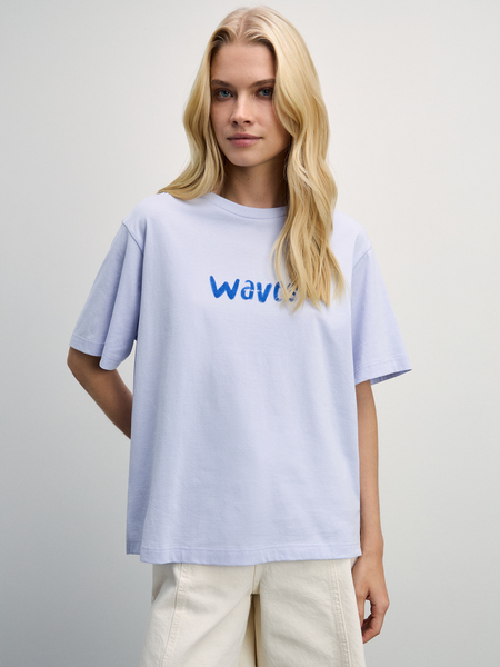 Хлопковая футболка оверсайз с принтом Zarina 4225581481-41, размер L (RU 48), цвет голубой Хлопковая футболка оверсайз с принтом, 4225581481 - фото 1