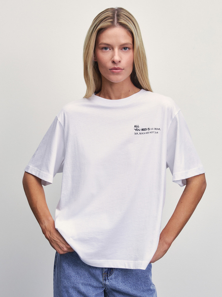 Хлопковая футболка оверсайз с принтом Zarina 4225582482-1, размер XS (RU 42), цвет белый Хлопковая футболка оверсайз с принтом, 4225582482 - фото 3