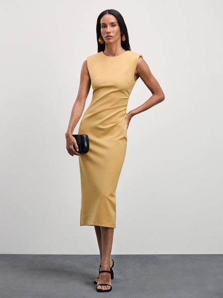 Трикотажное миди платье с драпировкой Zarina 4225598546-133, размер S (RU 44), цвет светло-жёлтый Трикотажное миди платье с драпировкой, 4225598546 - фото 7