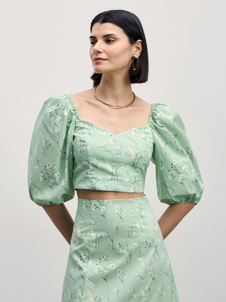 Блузка с рукавами-фонариками Zarina 4226003303-217, размер XS (RU 42), цвет зеленый цветы крупные