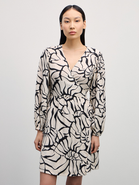 Платье с V-образным вырезом Zarina 4226207507-234, размер 2XS (RU 40), цвет бежевый графика крупная Платье с V-образным вырезом, 4226207507 - фото 3