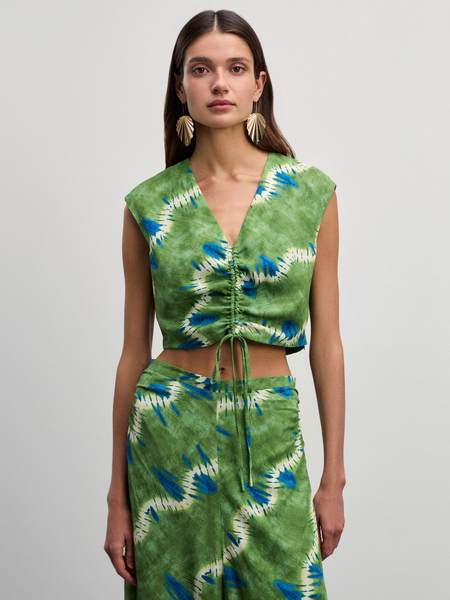 Блузка со сборкой Zarina 4226260360-216, размер XS (RU 42), цвет зеленый графика крупная Блузка со сборкой, 4226260360 - фото 1