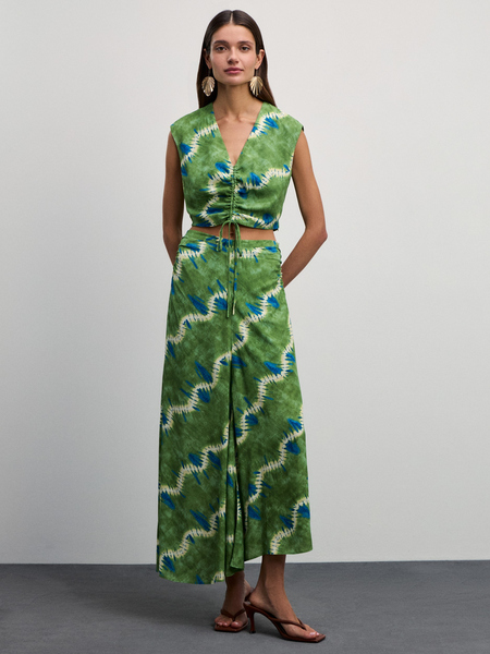 Блузка со сборкой Zarina 4226260360-216, размер XS (RU 42), цвет зеленый графика крупная Блузка со сборкой, 4226260360 - фото 2