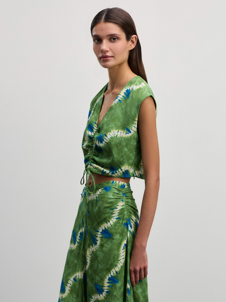 Блузка со сборкой Zarina 4226260360-216, размер XS (RU 42), цвет зеленый графика крупная Блузка со сборкой, 4226260360 - фото 4