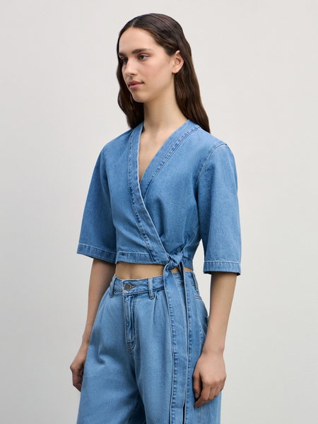 Джинсовая блузка Zarina 4226481381-102, размер XS (RU 42), цвет голубой индиго Джинсовая блузка, 4226481381 - фото 4