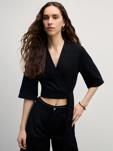 Джинсовая блузка с завязками Zarina 4226482382-50, размер M (RU 46), цвет черный