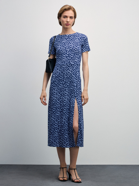 Платье миди с разрезом Zarina 4327010510-204, размер XL (RU 50), цвет синий цветы мелкие