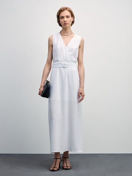 Платье миди изо льна с поясом Zarina 4327019509-1, размер L (RU 48), цвет белый Платье миди изо льна с поясом, 4327019509 - фото 1