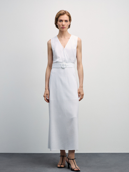 Платье миди изо льна с поясом Zarina 4327019509-1, размер L (RU 48), цвет белый Платье миди изо льна с поясом, 4327019509 - фото 4