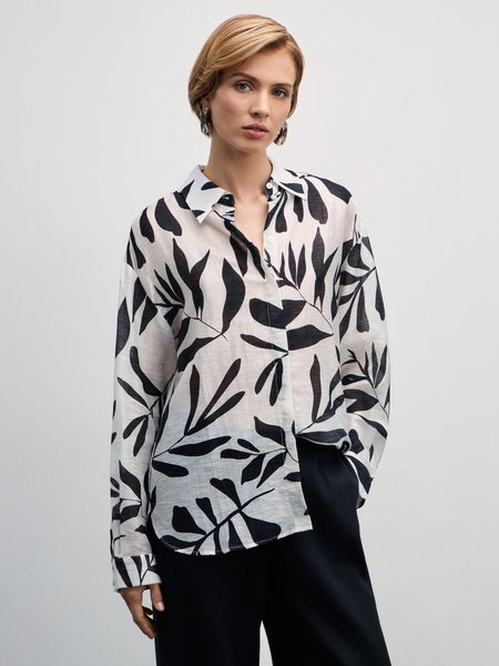 Рубашка с длинным рукавом из льна Zarina 4327050350-245, размер S (RU 44), цвет белый цветы крупные