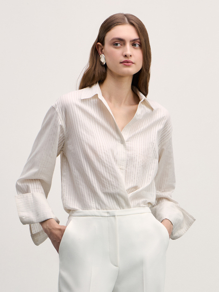 Рубашка в фактурную полоску из хлопка Zarina 4327161361-2, размер M (RU 46), цвет ваниль