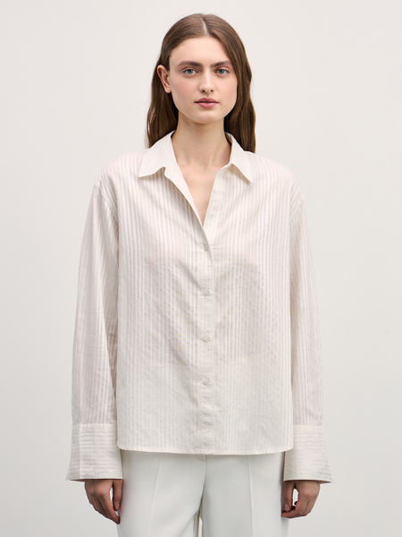 Рубашка в фактурную полоску из хлопка Zarina 4327161361-2, размер M (RU 46), цвет ваниль Рубашка в фактурную полоску из хлопка, 4327161361 - фото 3