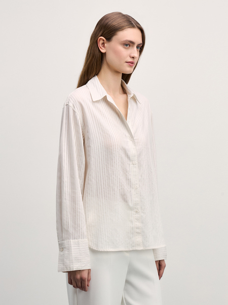 Рубашка в фактурную полоску из хлопка Zarina 4327161361-2, размер M (RU 46), цвет ваниль Рубашка в фактурную полоску из хлопка, 4327161361 - фото 4