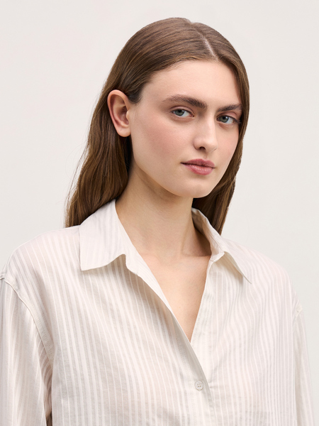 Рубашка в фактурную полоску из хлопка Zarina 4327161361-2, размер M (RU 46), цвет ваниль Рубашка в фактурную полоску из хлопка, 4327161361 - фото 6