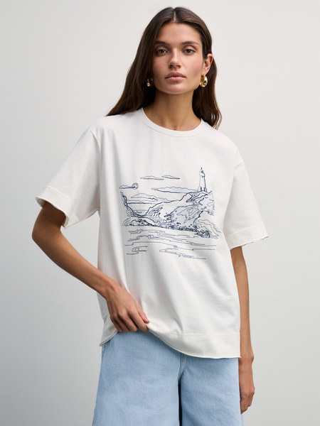 Хлопковая футболка с вышивкой Zarina 4327521421-2, размер L (RU 48), цвет ваниль Хлопковая футболка с вышивкой, 4327521421 - фото 1