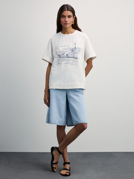 Хлопковая футболка с вышивкой Zarina 4327521421-2, размер L (RU 48), цвет ваниль Хлопковая футболка с вышивкой, 4327521421 - фото 2