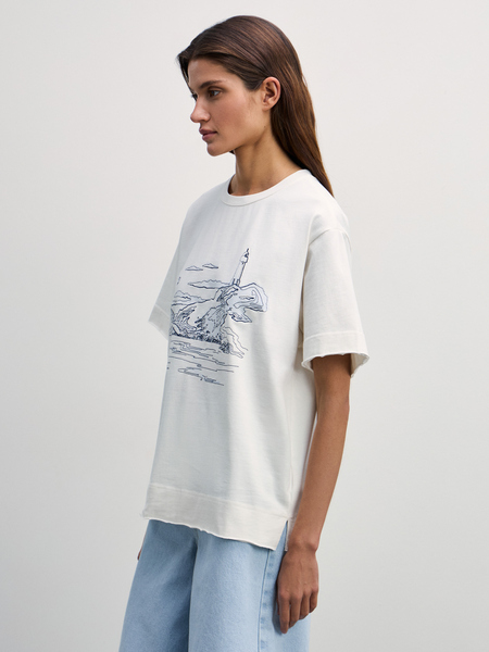 Хлопковая футболка с вышивкой Zarina 4327521421-2, размер L (RU 48), цвет ваниль Хлопковая футболка с вышивкой, 4327521421 - фото 4