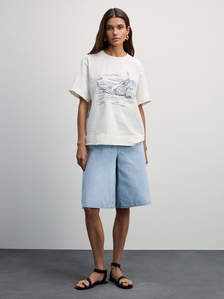 Хлопковая футболка с вышивкой Zarina 4327521421-2, размер L (RU 48), цвет ваниль Хлопковая футболка с вышивкой, 4327521421 - фото 7