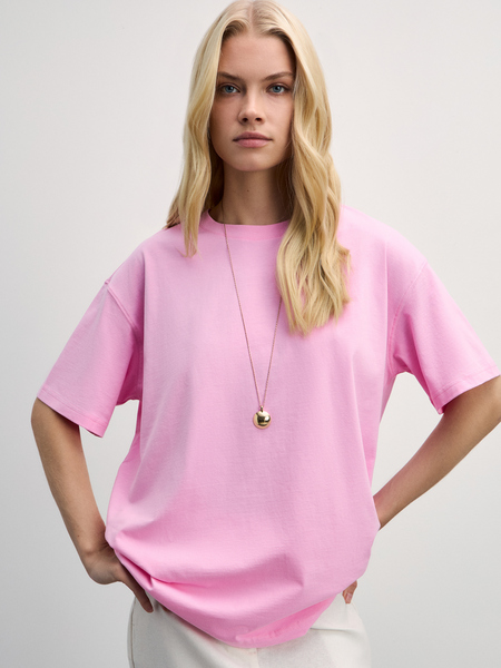 Базовая футболка оверсайз из хлопка Zarina W_OVERSIZE1-90, размер M (RU 46), цвет розовый